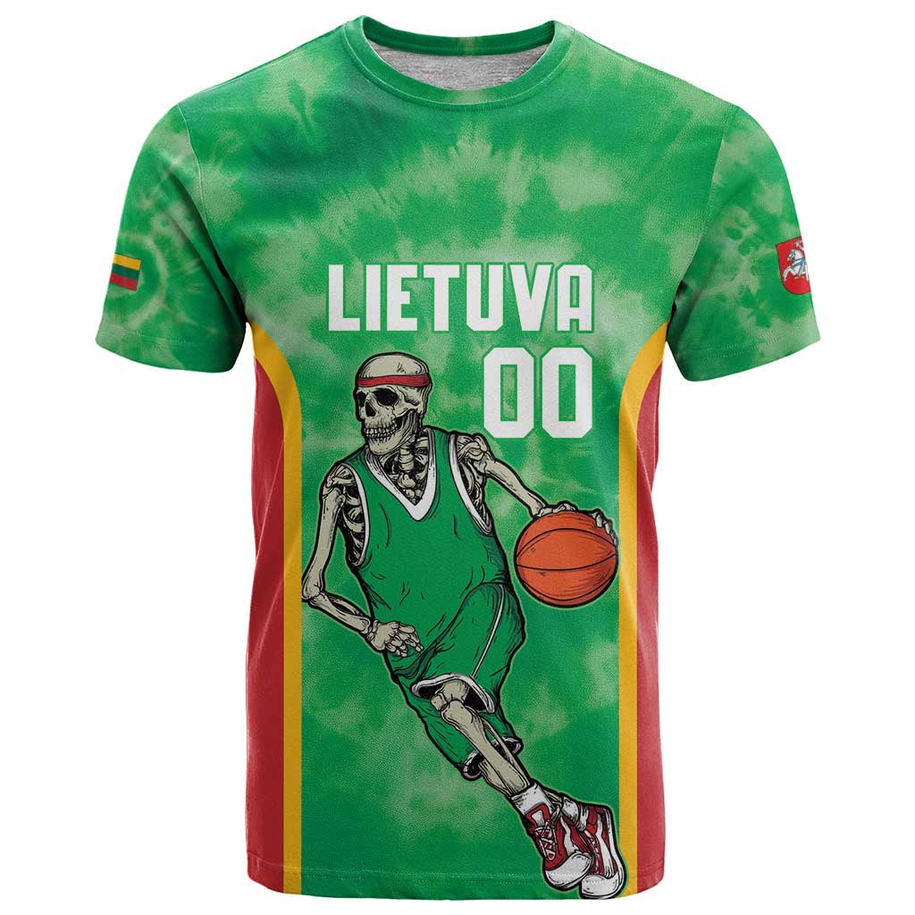 Lithuania Tie Dye Basketball Custom T Shirt Lietuva Skeleton Green - Wonder Print Shop