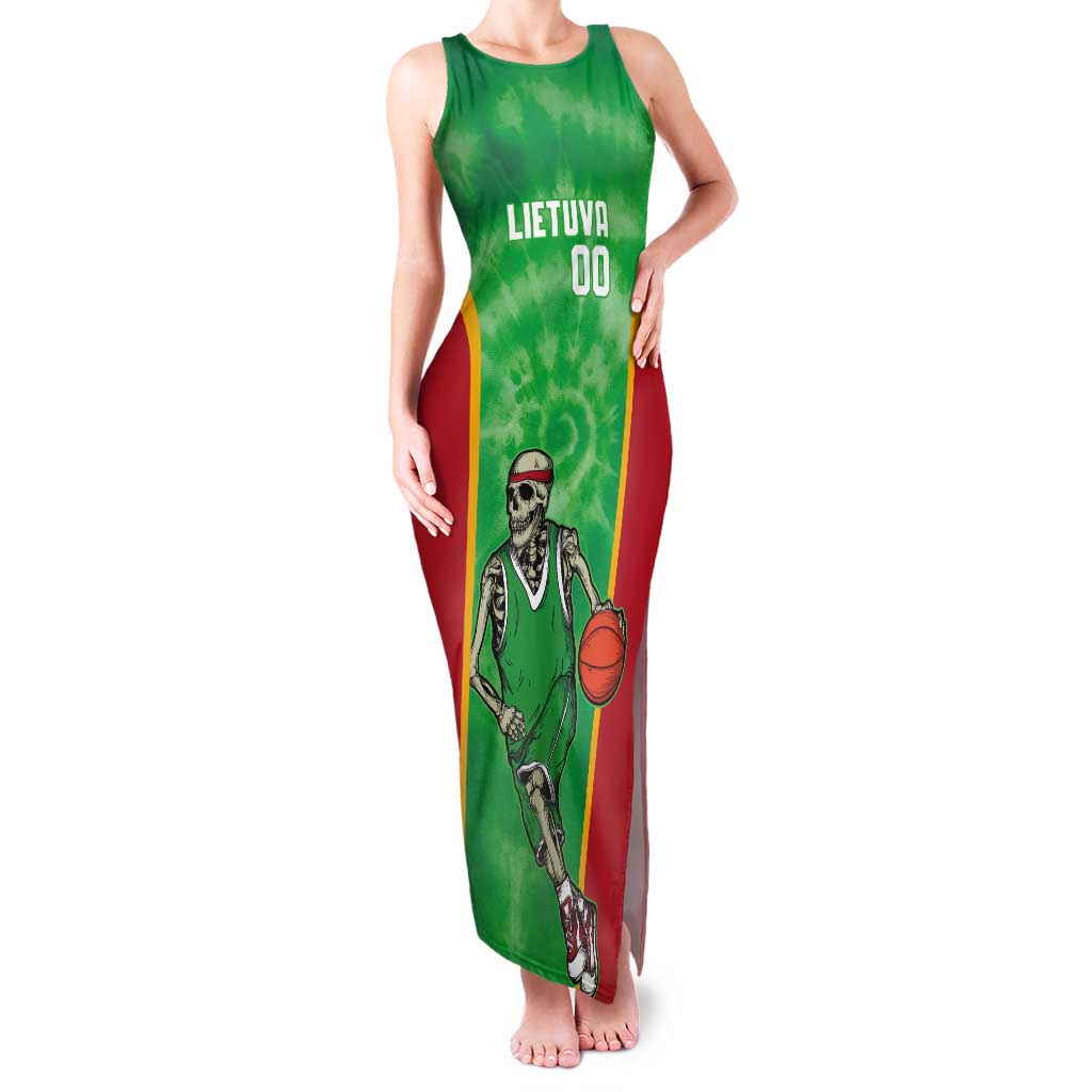 Lithuania Tie Dye Basketball Custom Tank Maxi Dress Lietuva Skeleton Green - Wonder Print Shop