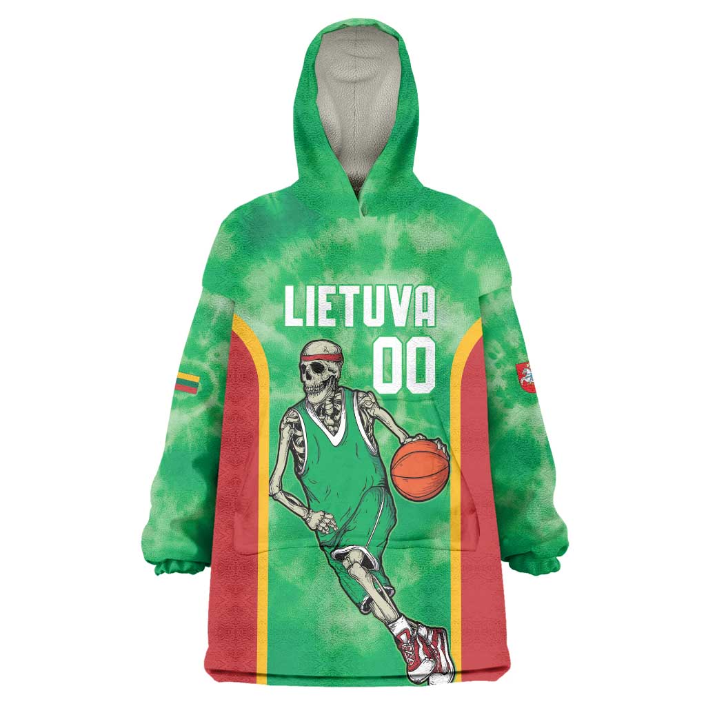 Lithuania Tie Dye Basketball Custom Wearable Blanket Hoodie Lietuva Skeleton Green - Wonder Print Shop