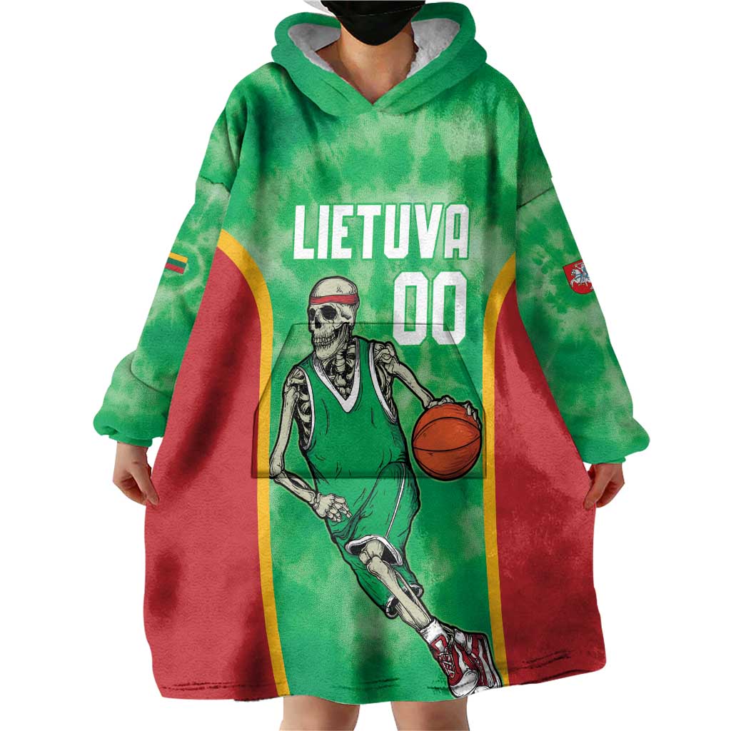 Lithuania Tie Dye Basketball Custom Wearable Blanket Hoodie Lietuva Skeleton Green - Wonder Print Shop
