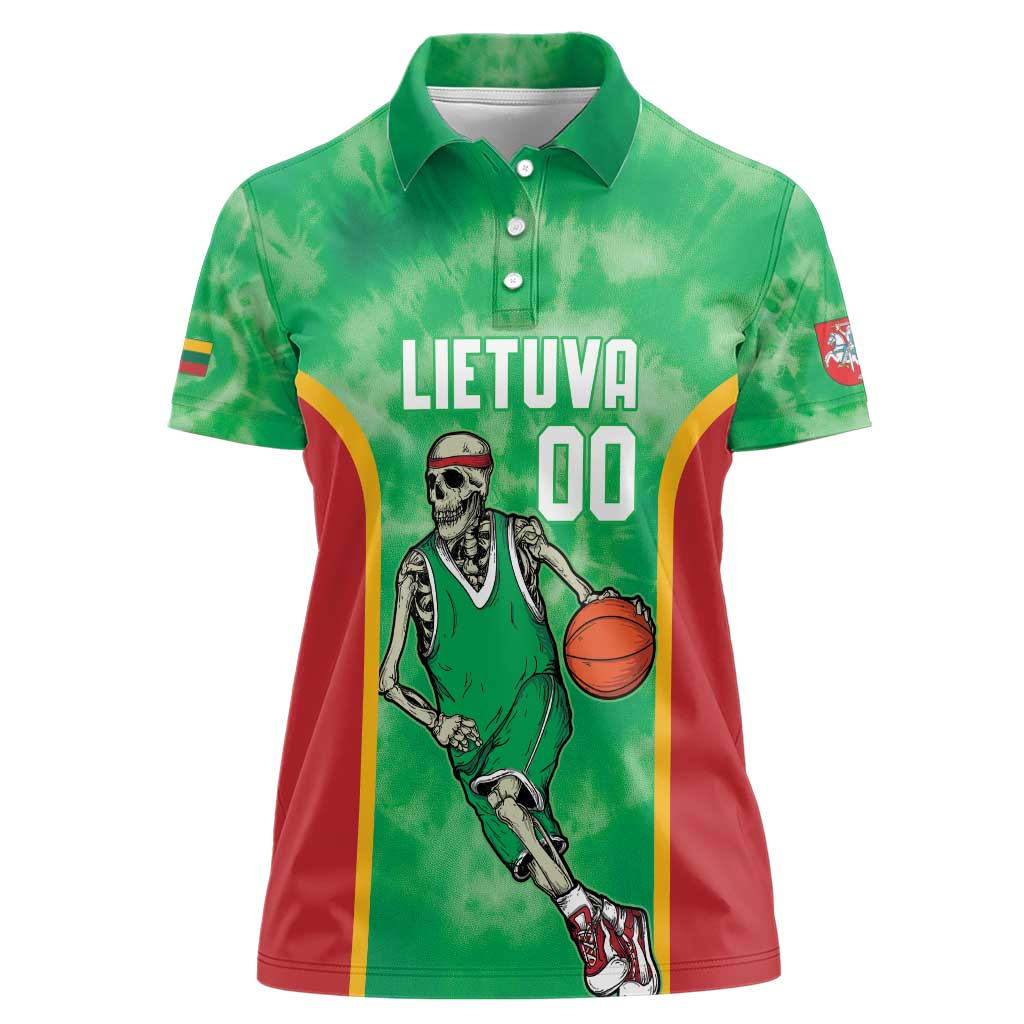 Lithuania Tie Dye Basketball Custom Women Polo Shirt Lietuva Skeleton Green - Wonder Print Shop