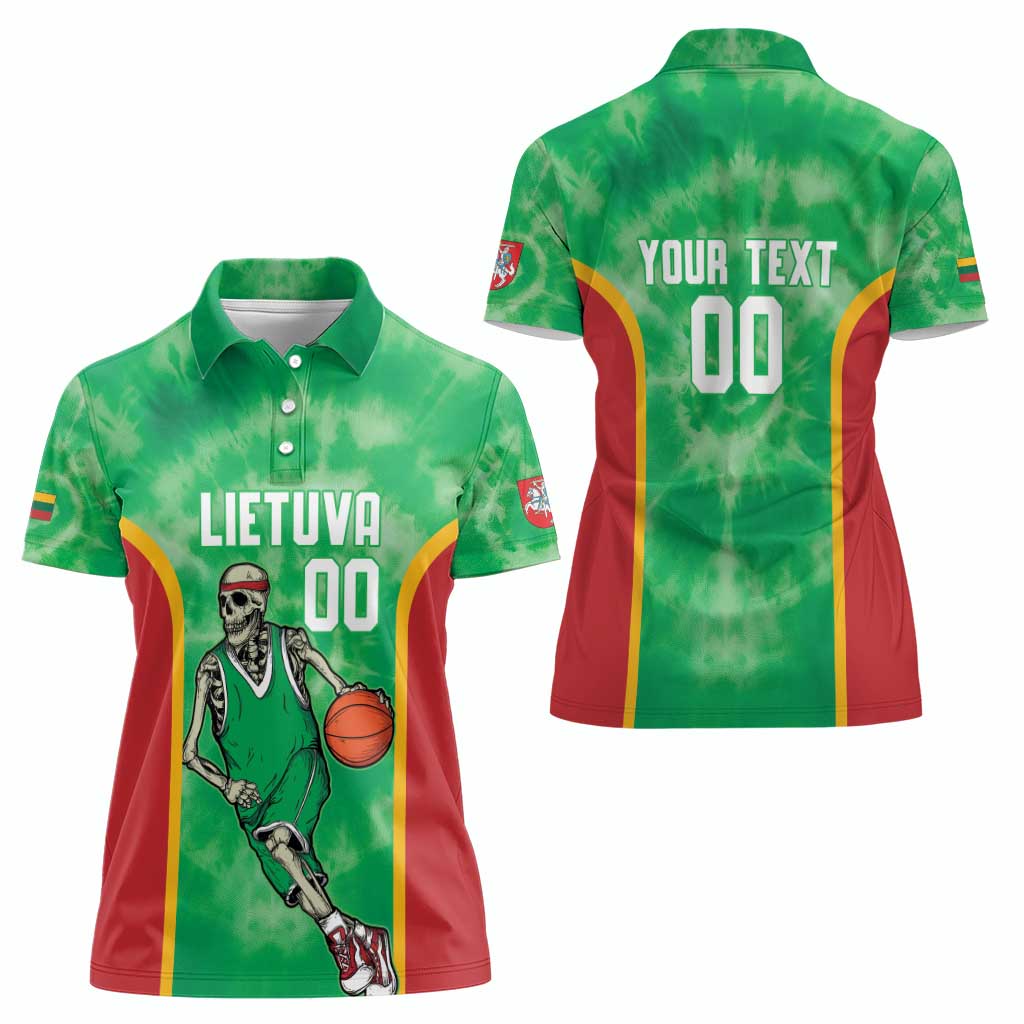Lithuania Tie Dye Basketball Custom Women Polo Shirt Lietuva Skeleton Green - Wonder Print Shop