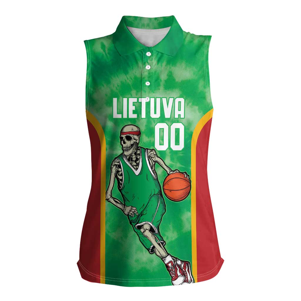 Lithuania Tie Dye Basketball Custom Women Sleeveless Polo Shirt Lietuva Skeleton Green - Wonder Print Shop
