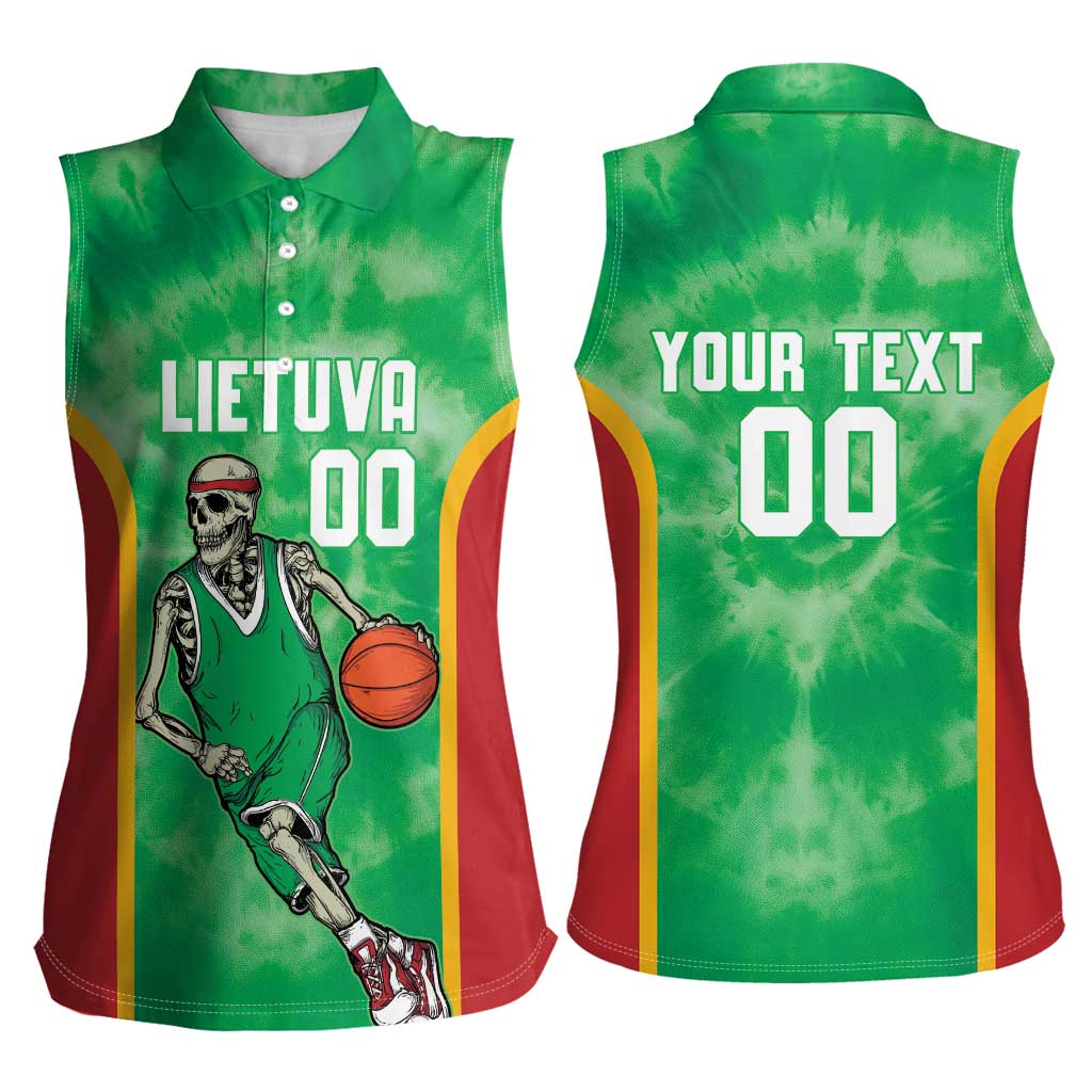Lithuania Tie Dye Basketball Custom Women Sleeveless Polo Shirt Lietuva Skeleton Green - Wonder Print Shop