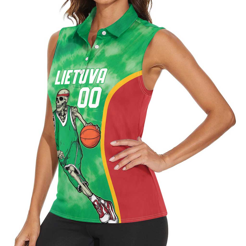 Lithuania Tie Dye Basketball Custom Women Sleeveless Polo Shirt Lietuva Skeleton Green - Wonder Print Shop