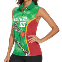 Lithuania Tie Dye Basketball Custom Women Sleeveless Polo Shirt Lietuva Skeleton Green - Wonder Print Shop