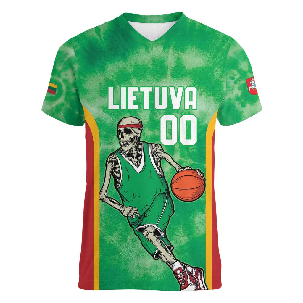 Lithuania Tie Dye Basketball Custom Women V-Neck T-Shirt Lietuva Skeleton Green - Wonder Print Shop
