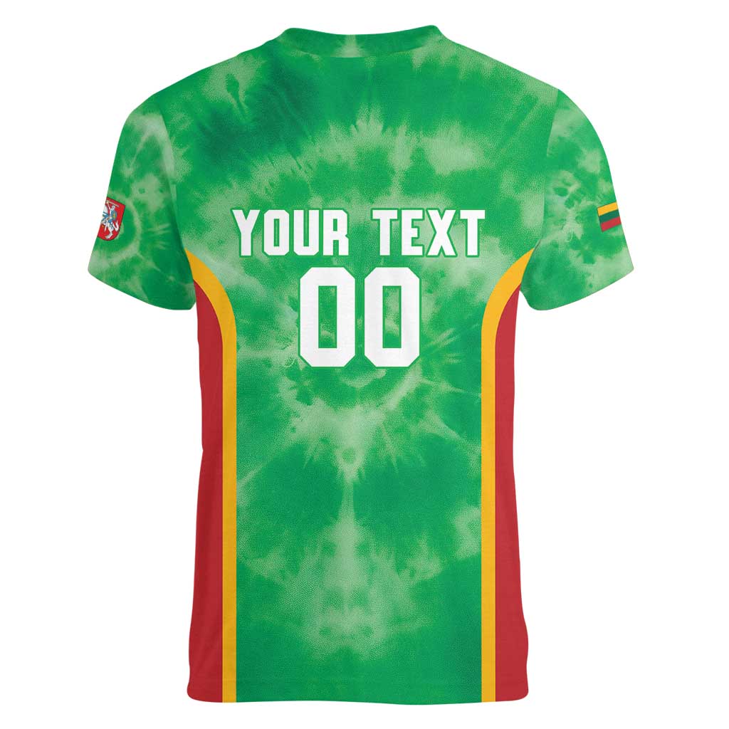Lithuania Tie Dye Basketball Custom Women V-Neck T-Shirt Lietuva Skeleton Green - Wonder Print Shop