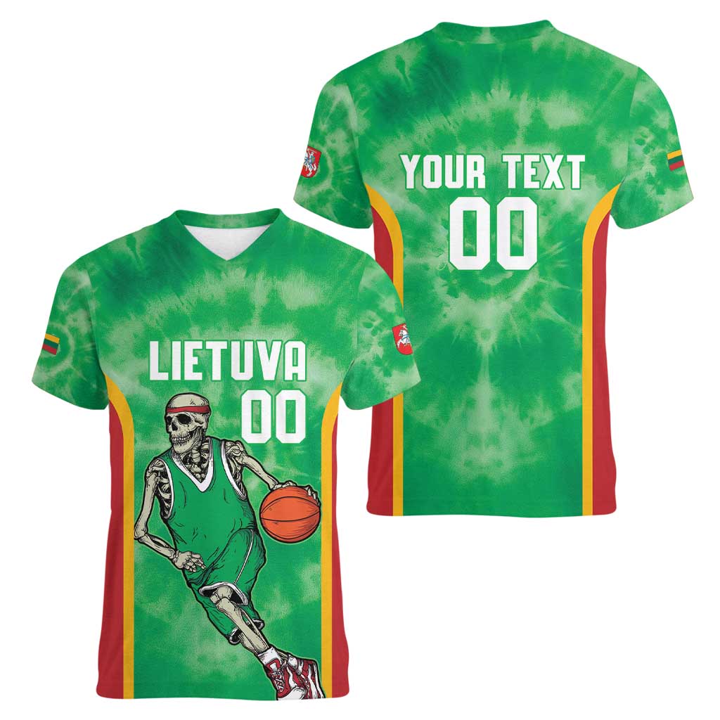 Lithuania Tie Dye Basketball Custom Women V-Neck T-Shirt Lietuva Skeleton Green - Wonder Print Shop