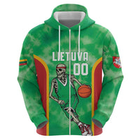 Lithuania Tie Dye Basketball Custom Zip Hoodie Lietuva Skeleton Green - Wonder Print Shop