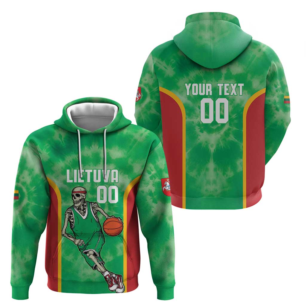 Lithuania Tie Dye Basketball Custom Zip Hoodie Lietuva Skeleton Green - Wonder Print Shop