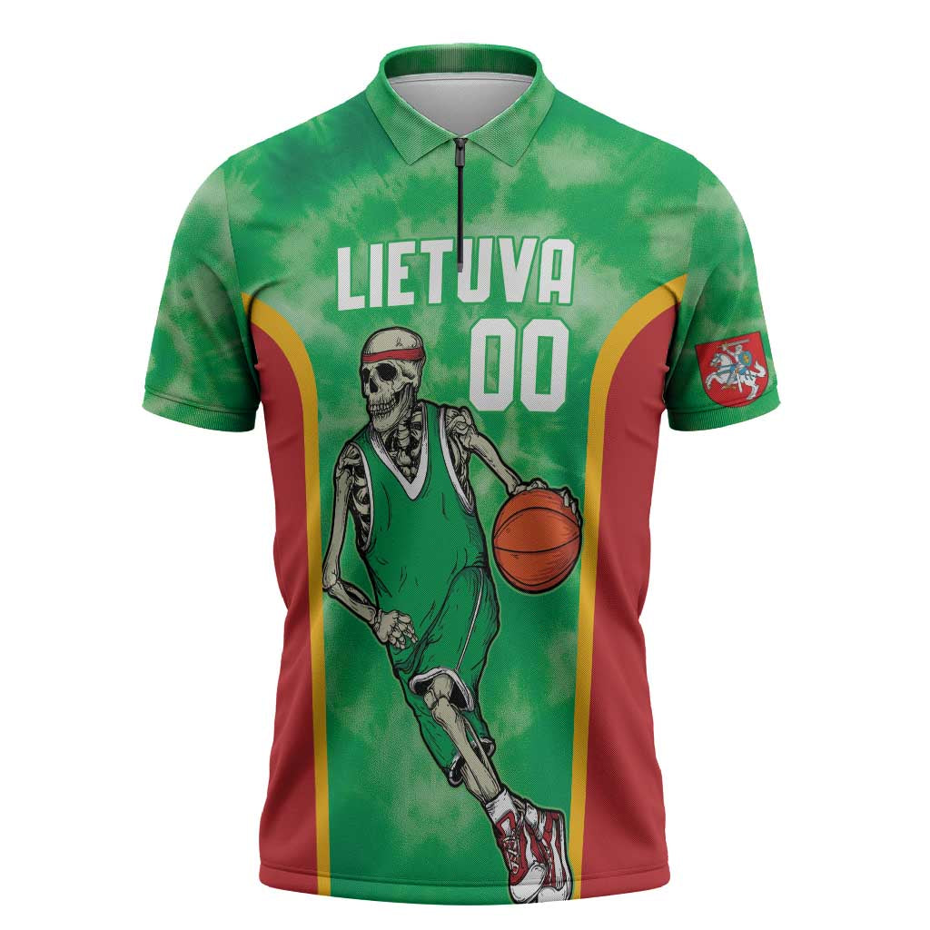 Lithuania Tie Dye Basketball Custom Zipper Polo Shirt Lietuva Skeleton Green - Wonder Print Shop