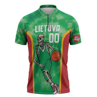 Lithuania Tie Dye Basketball Custom Zipper Polo Shirt Lietuva Skeleton Green - Wonder Print Shop
