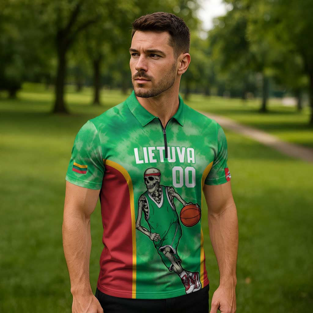 Lithuania Tie Dye Basketball Custom Zipper Polo Shirt Lietuva Skeleton Green - Wonder Print Shop