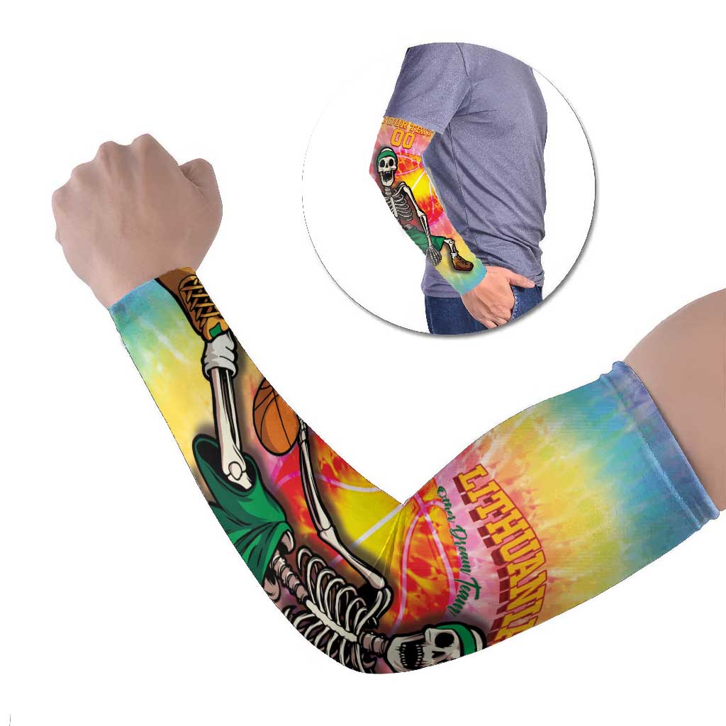 Lithuania Basketball Custom Arm Sleeves 100th Anniversary Skeleton Colorful Tie Dye - Wonder Print Shop
