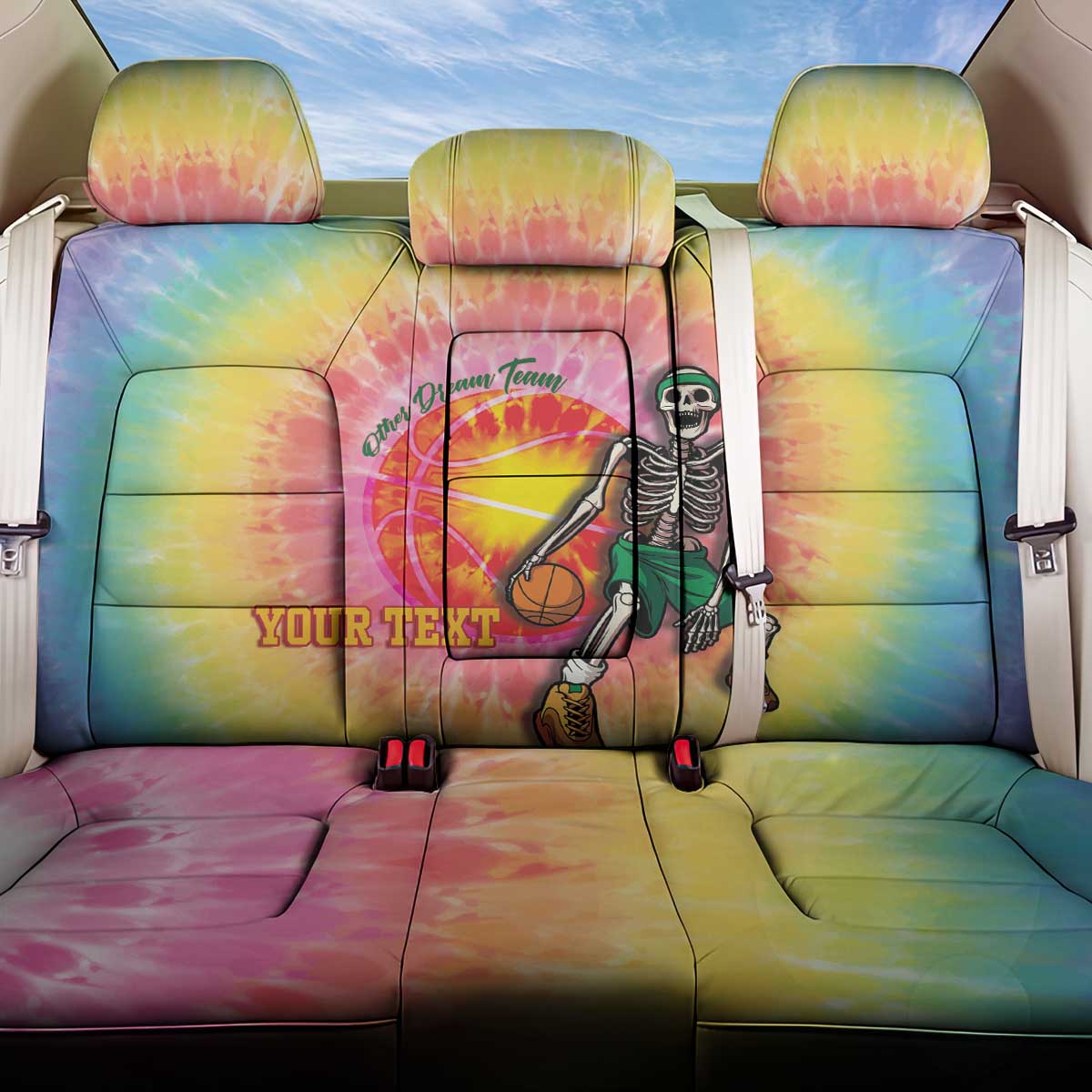 Lithuania Basketball Custom Back Car Seat Cover 100th Anniversary Skeleton Colorful Tie Dye - Wonder Print Shop
