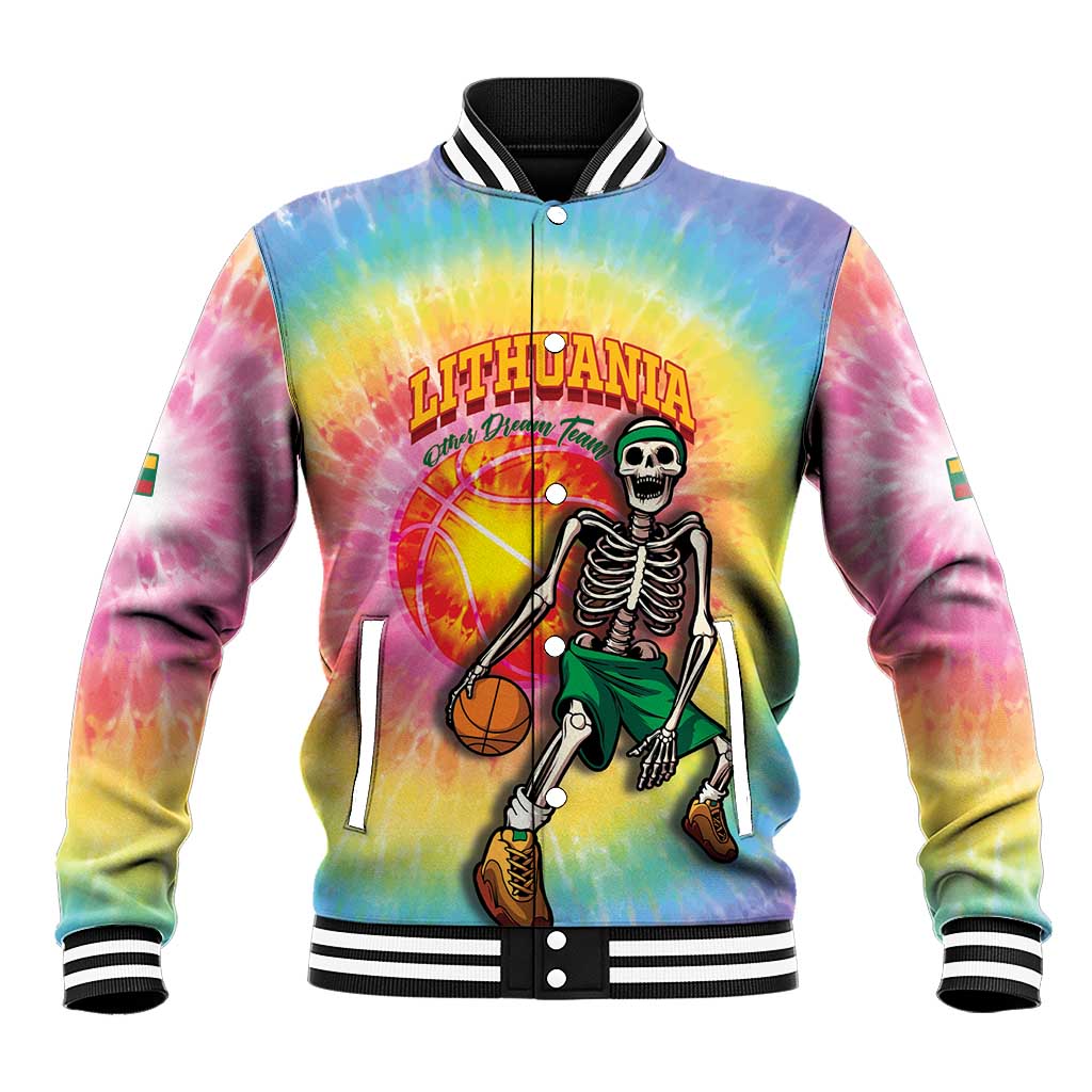 Lithuania Basketball Custom Baseball Jacket 100th Anniversary Skeleton Colorful Tie Dye - Wonder Print Shop