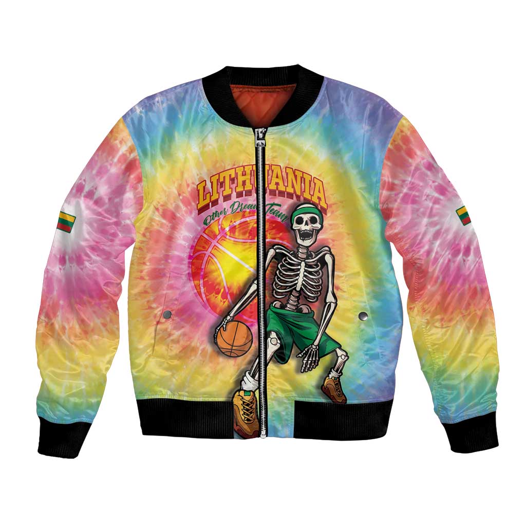 Lithuania Basketball Custom Bomber Jacket 100th Anniversary Skeleton Colorful Tie Dye - Wonder Print Shop