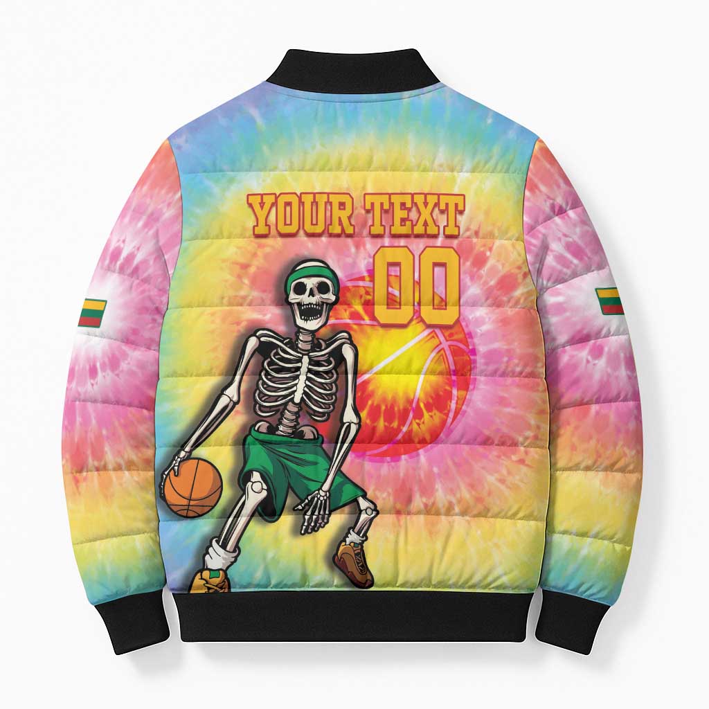 Lithuania Basketball Custom Bomber Puffer Jacket 100th Anniversary Skeleton Colorful Tie Dye - Wonder Print Shop