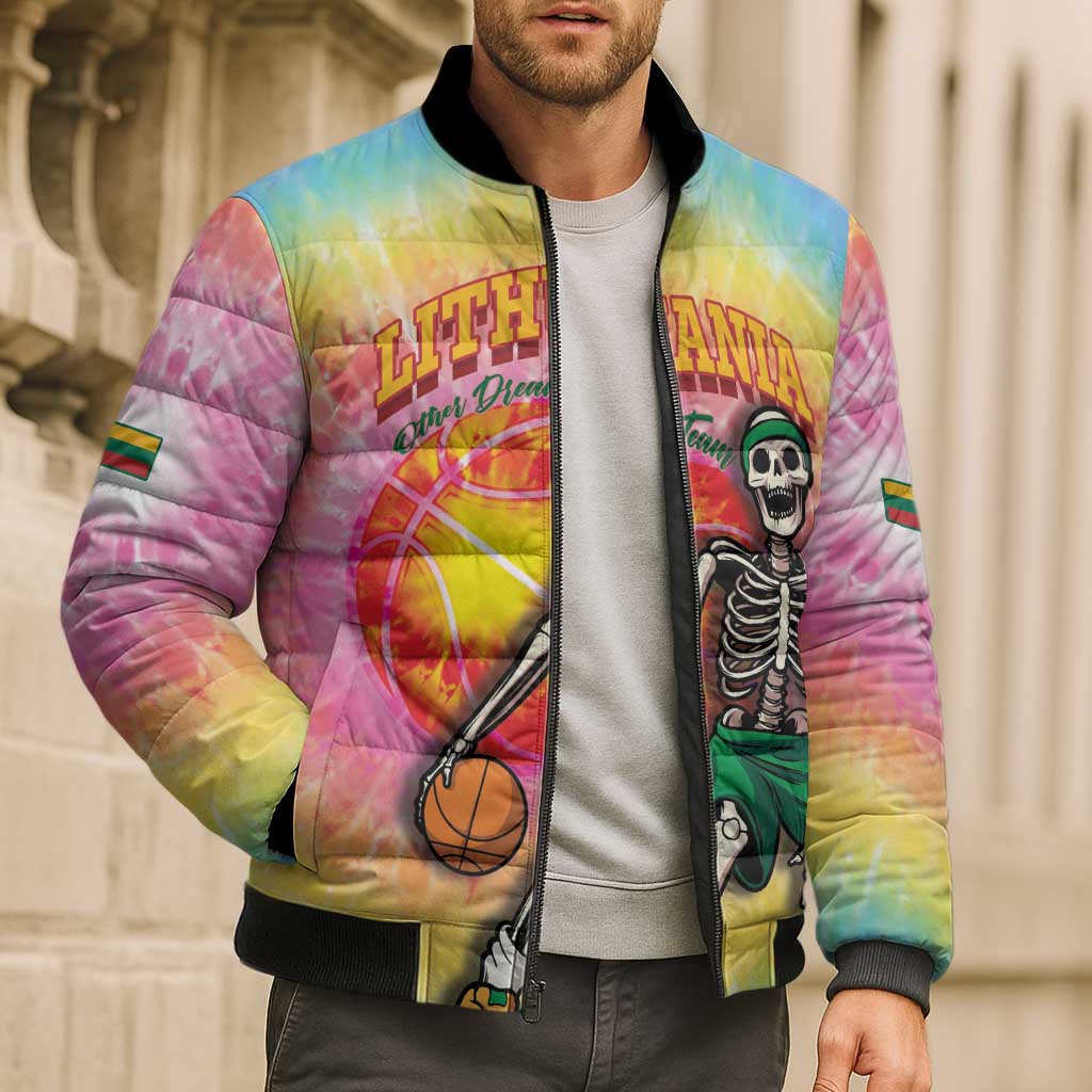 Lithuania Basketball Custom Bomber Puffer Jacket 100th Anniversary Skeleton Colorful Tie Dye - Wonder Print Shop