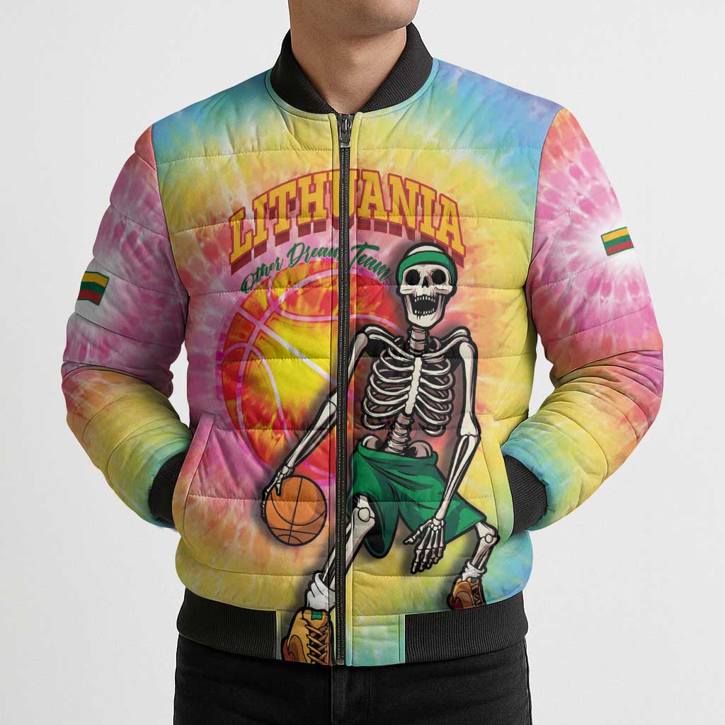 Lithuania Basketball Custom Bomber Puffer Jacket 100th Anniversary Skeleton Colorful Tie Dye - Wonder Print Shop