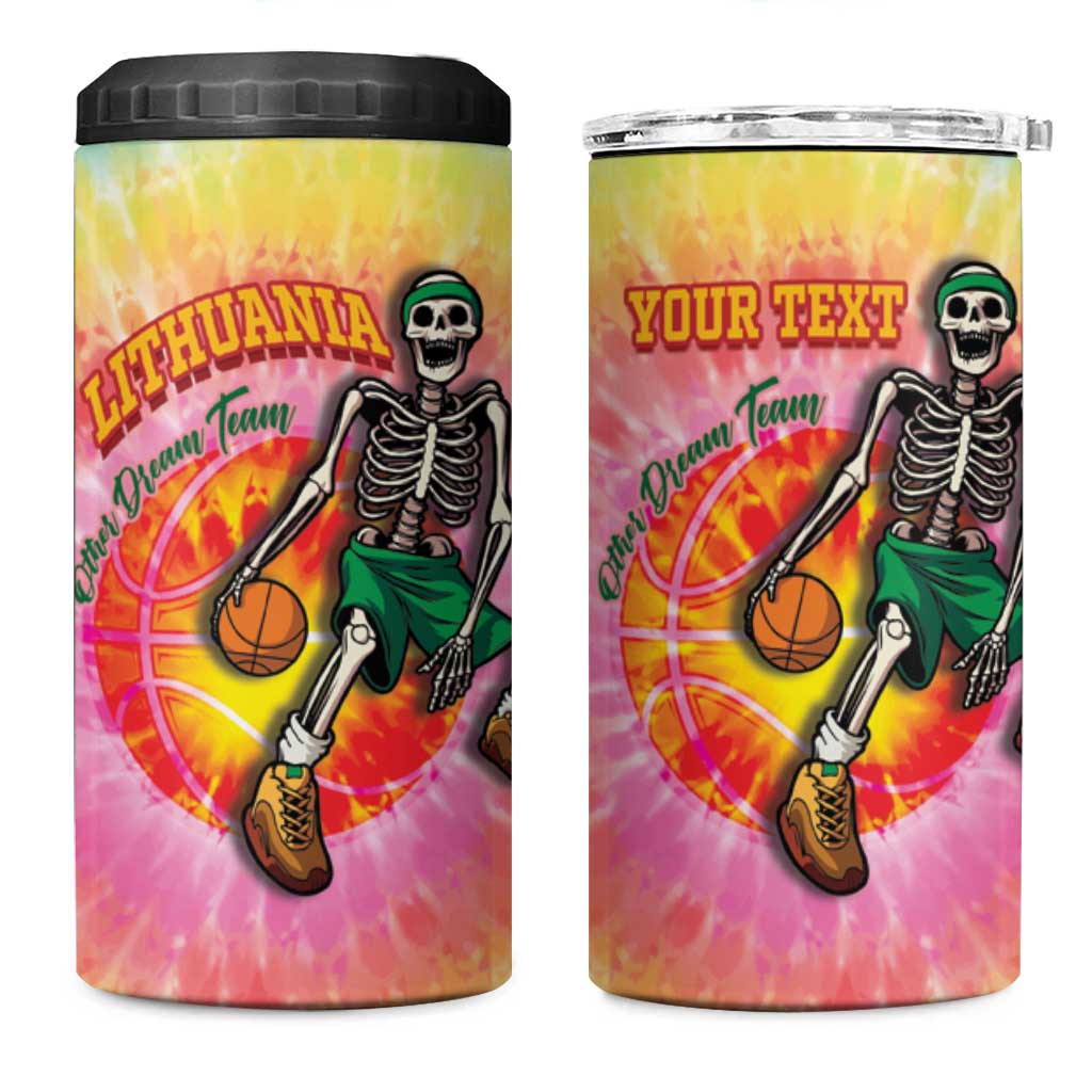 Lithuania Basketball Custom 4 in 1 Can Cooler Tumbler 100th Anniversary Skeleton Colorful Tie Dye - Wonder Print Shop