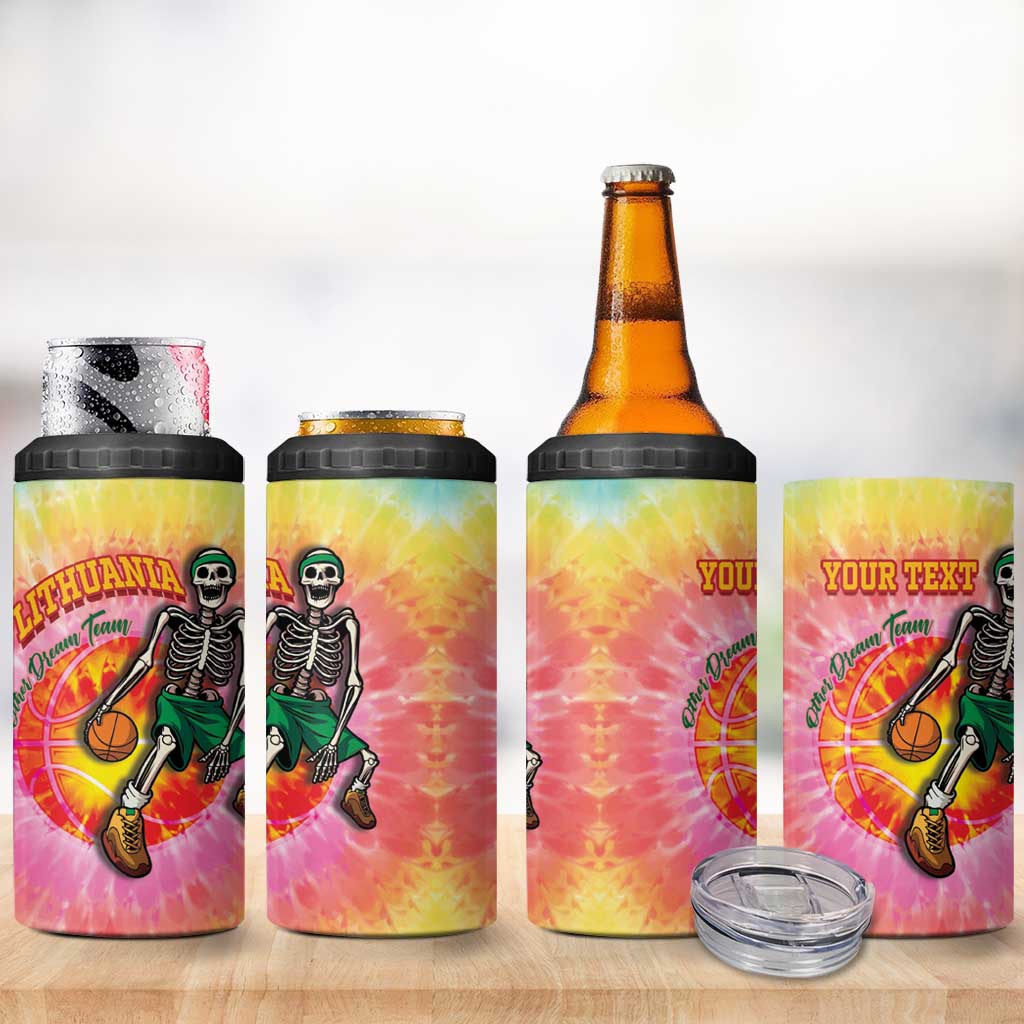 Lithuania Basketball Custom 4 in 1 Can Cooler Tumbler 100th Anniversary Skeleton Colorful Tie Dye - Wonder Print Shop