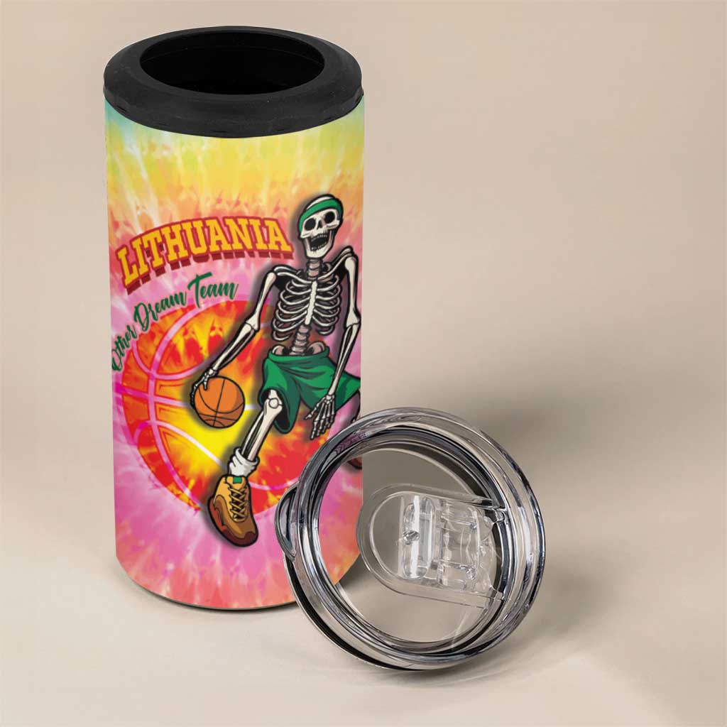 Lithuania Basketball Custom 4 in 1 Can Cooler Tumbler 100th Anniversary Skeleton Colorful Tie Dye - Wonder Print Shop