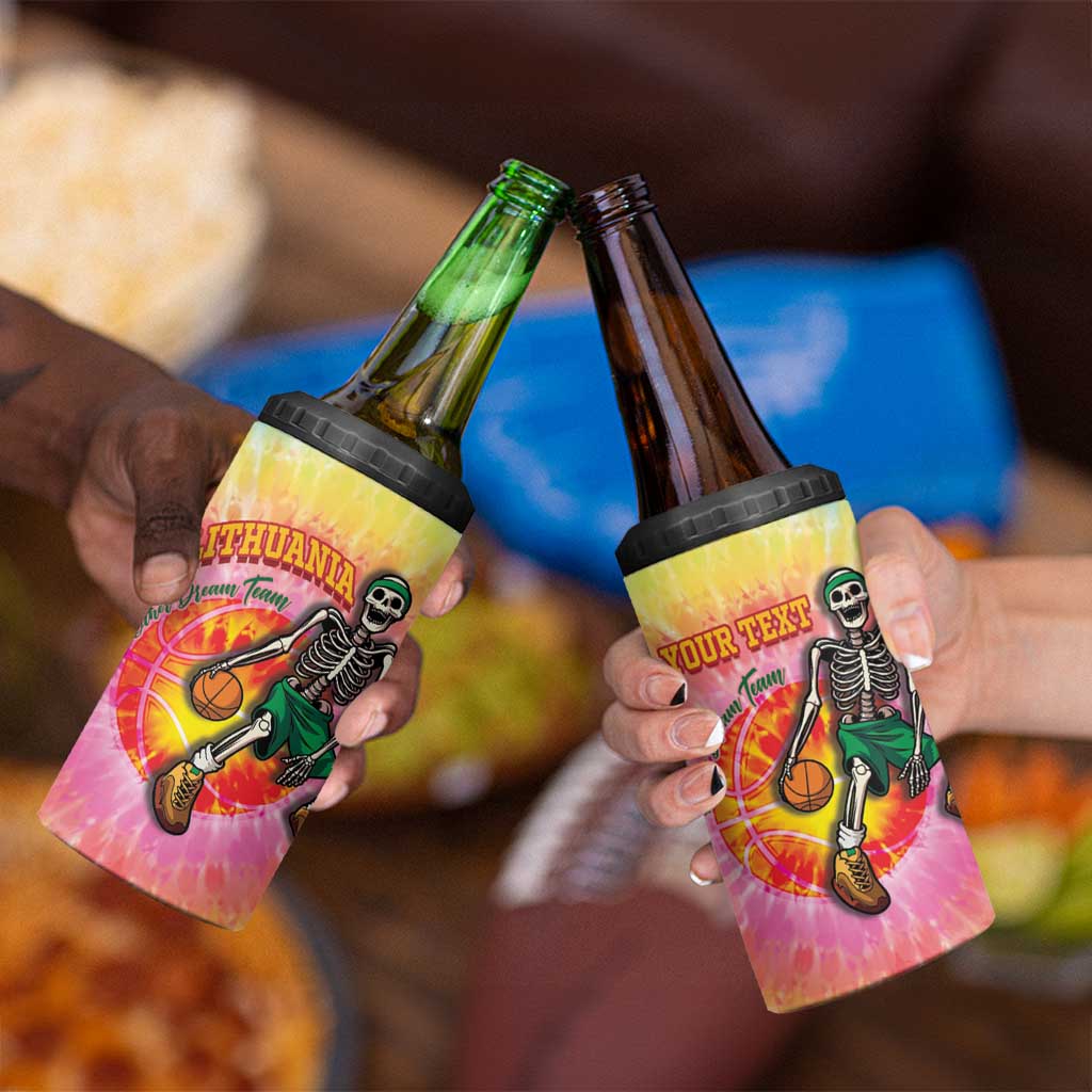 Lithuania Basketball Custom 4 in 1 Can Cooler Tumbler 100th Anniversary Skeleton Colorful Tie Dye - Wonder Print Shop