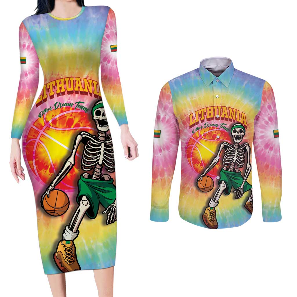 Lithuania Basketball Custom Couples Matching Long Sleeve Bodycon Dress and Long Sleeve Button Shirt 100th Anniversary Skeleton Colorful Tie Dye - Wonder Print Shop