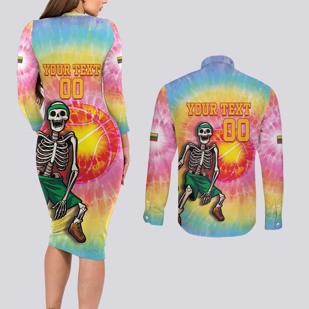 Lithuania Basketball Custom Couples Matching Long Sleeve Bodycon Dress and Long Sleeve Button Shirt 100th Anniversary Skeleton Colorful Tie Dye - Wonder Print Shop