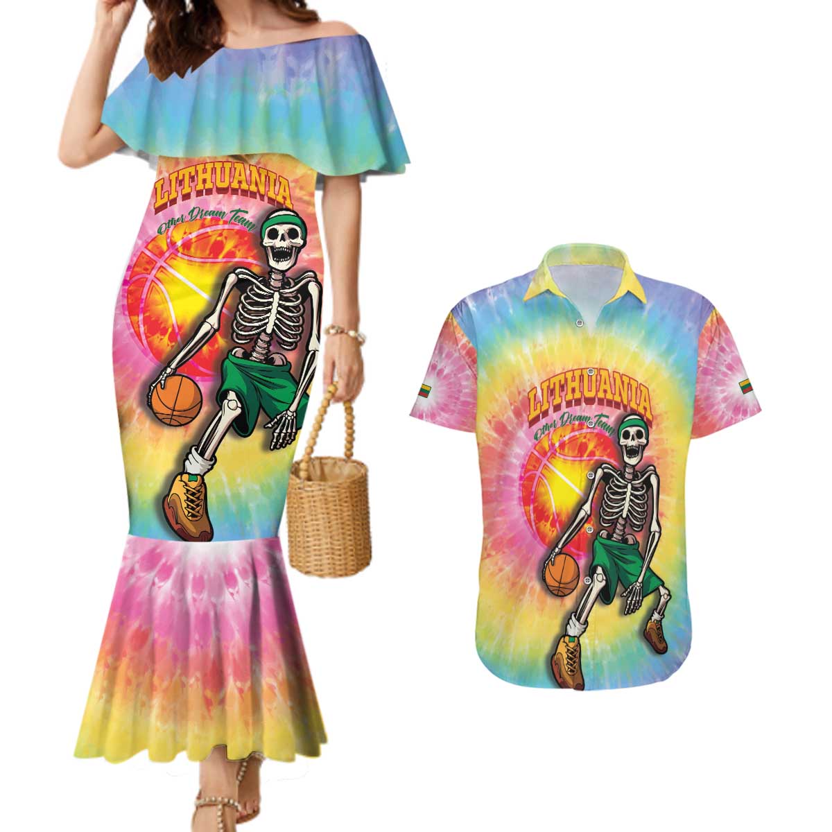 Lithuania Basketball Custom Couples Matching Mermaid Dress and Hawaiian Shirt 100th Anniversary Skeleton Colorful Tie Dye - Wonder Print Shop