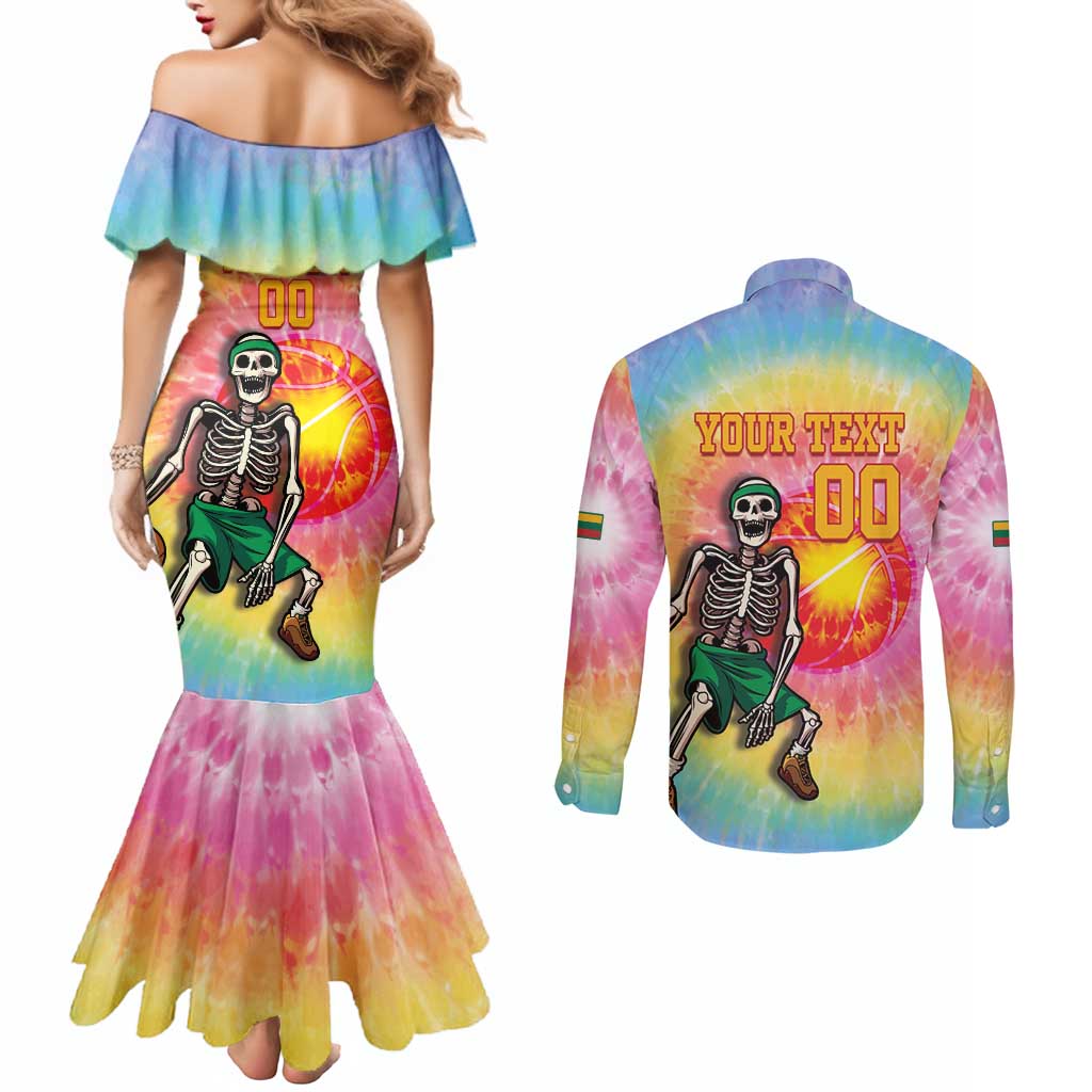 Lithuania Basketball Custom Couples Matching Mermaid Dress and Long Sleeve Button Shirt 100th Anniversary Skeleton Colorful Tie Dye - Wonder Print Shop