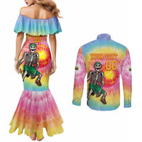 Lithuania Basketball Custom Couples Matching Mermaid Dress and Long Sleeve Button Shirt 100th Anniversary Skeleton Colorful Tie Dye - Wonder Print Shop