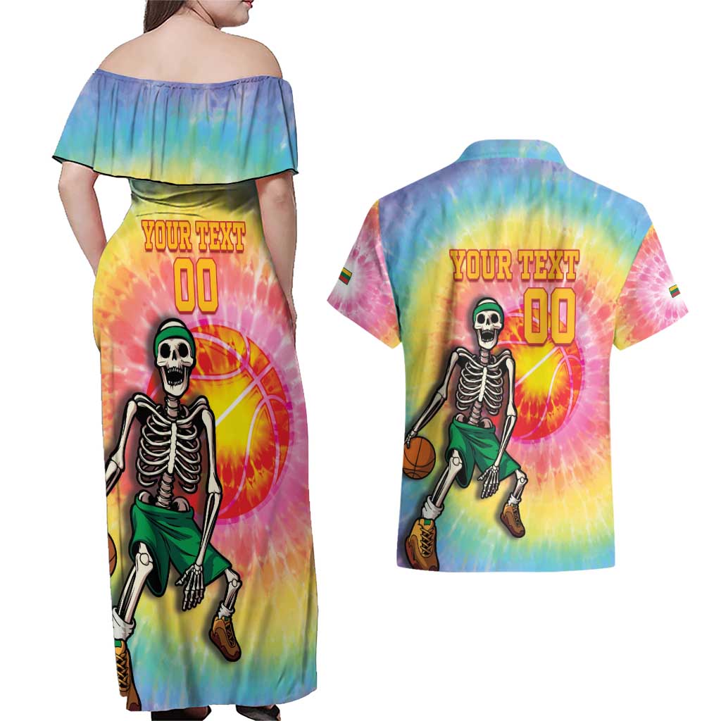 Lithuania Basketball Custom Couples Matching Off Shoulder Maxi Dress and Hawaiian Shirt 100th Anniversary Skeleton Colorful Tie Dye - Wonder Print Shop