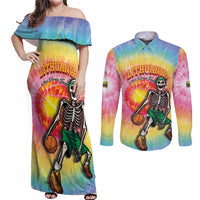 Lithuania Basketball Custom Couples Matching Off Shoulder Maxi Dress and Long Sleeve Button Shirt 100th Anniversary Skeleton Colorful Tie Dye - Wonder Print Shop