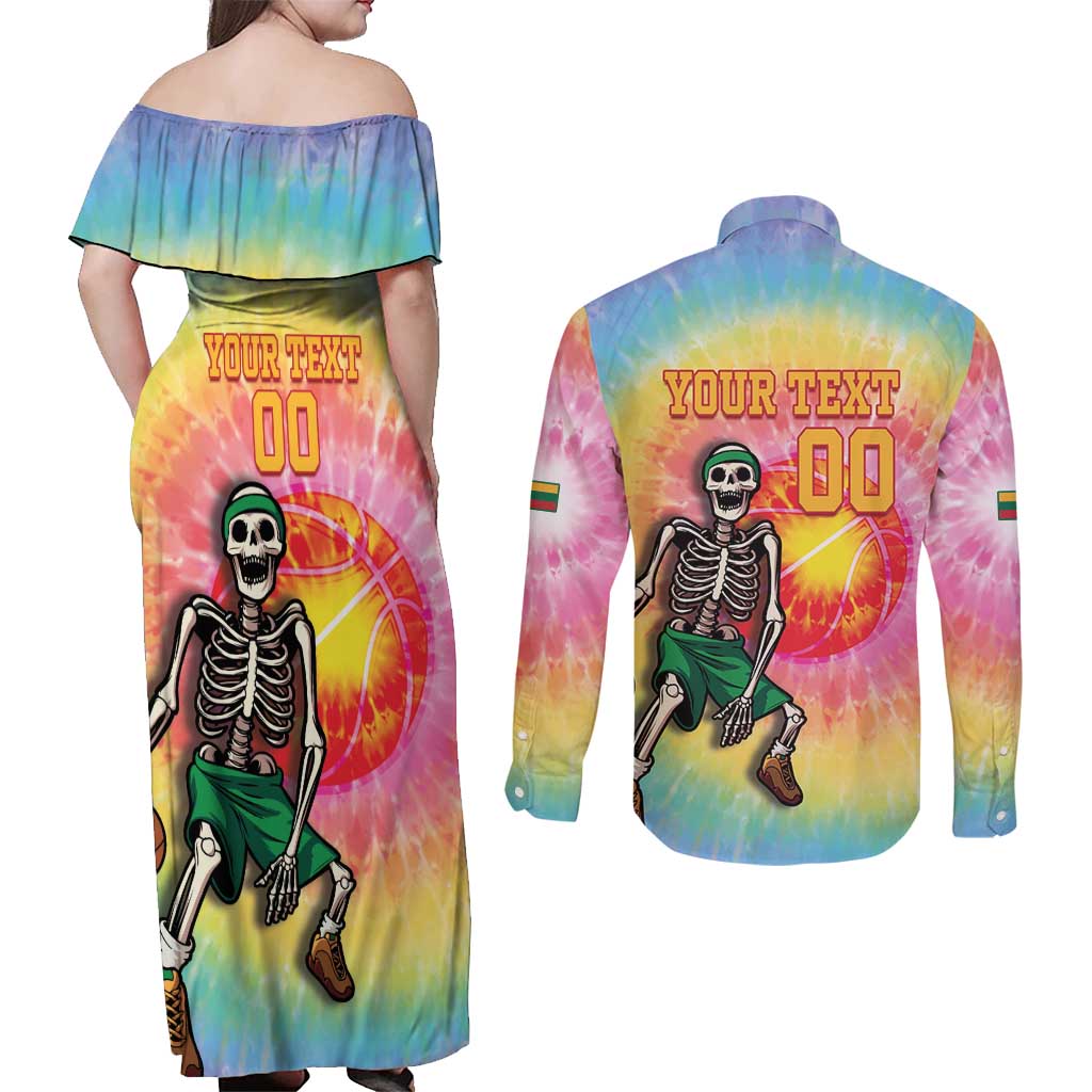 Lithuania Basketball Custom Couples Matching Off Shoulder Maxi Dress and Long Sleeve Button Shirt 100th Anniversary Skeleton Colorful Tie Dye - Wonder Print Shop
