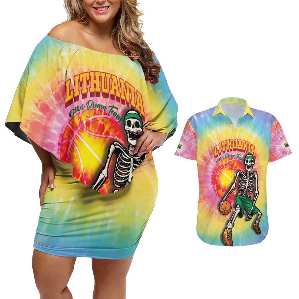 Lithuania Basketball Custom Couples Matching Off Shoulder Short Dress and Hawaiian Shirt 100th Anniversary Skeleton Colorful Tie Dye - Wonder Print Shop