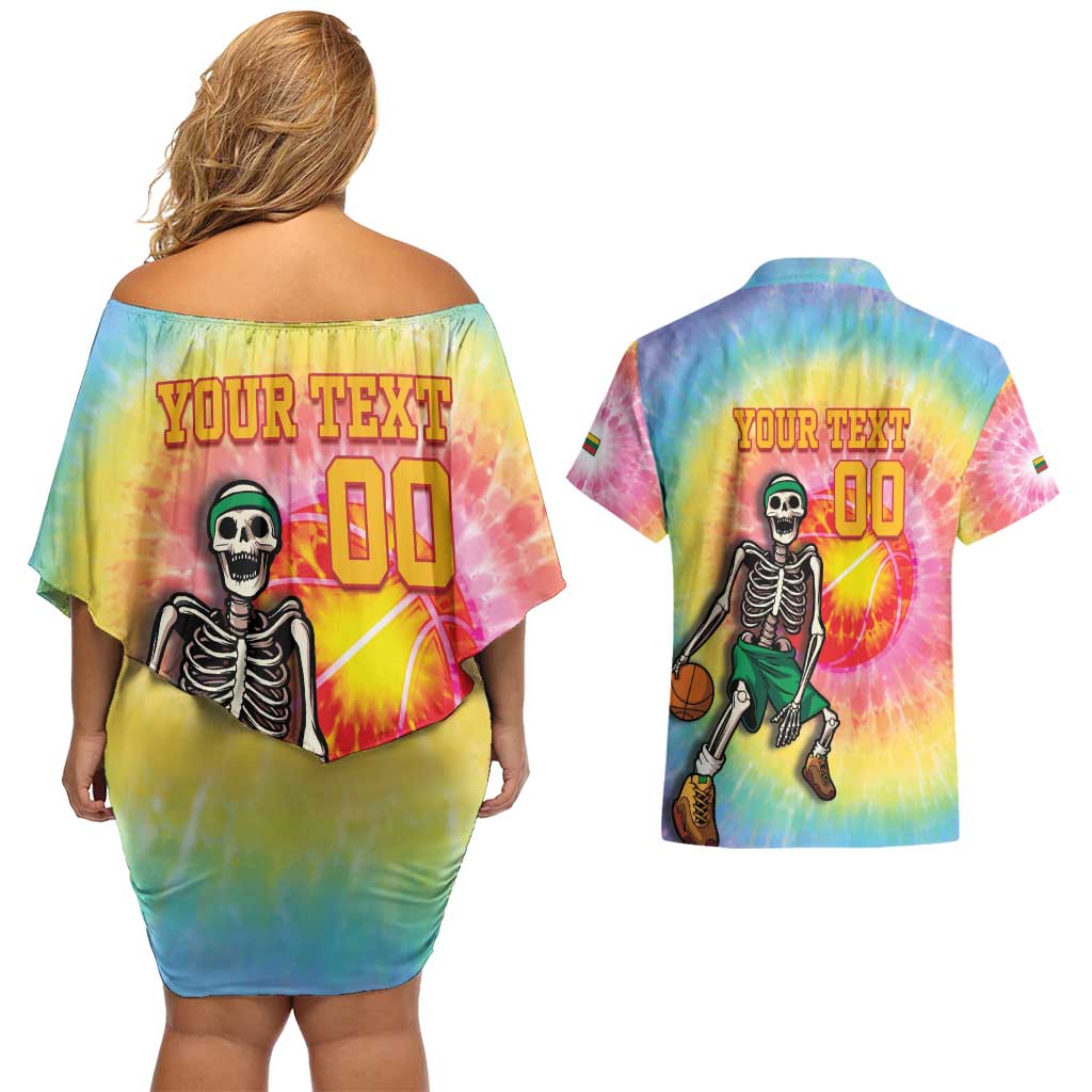 Lithuania Basketball Custom Couples Matching Off Shoulder Short Dress and Hawaiian Shirt 100th Anniversary Skeleton Colorful Tie Dye - Wonder Print Shop