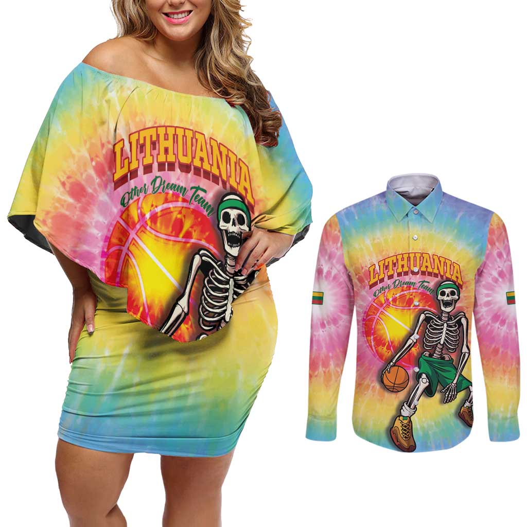 Lithuania Basketball Custom Couples Matching Off Shoulder Short Dress and Long Sleeve Button Shirt 100th Anniversary Skeleton Colorful Tie Dye - Wonder Print Shop