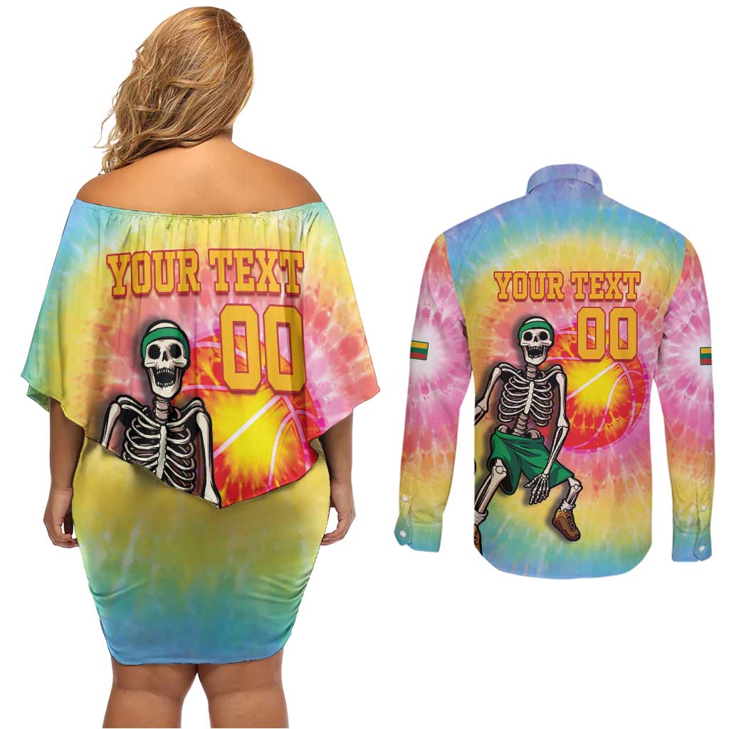 Lithuania Basketball Custom Couples Matching Off Shoulder Short Dress and Long Sleeve Button Shirt 100th Anniversary Skeleton Colorful Tie Dye - Wonder Print Shop