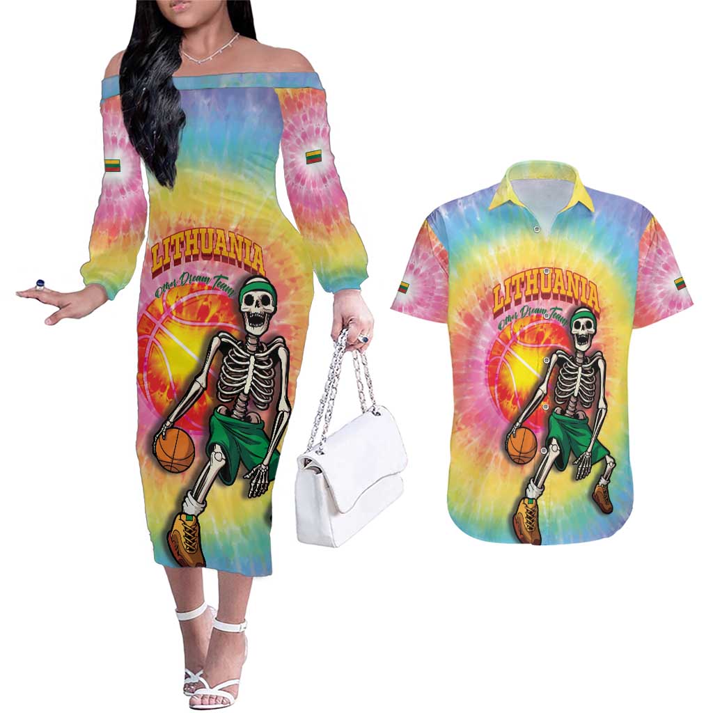 Lithuania Basketball Custom Couples Matching Off The Shoulder Long Sleeve Dress and Hawaiian Shirt 100th Anniversary Skeleton Colorful Tie Dye - Wonder Print Shop