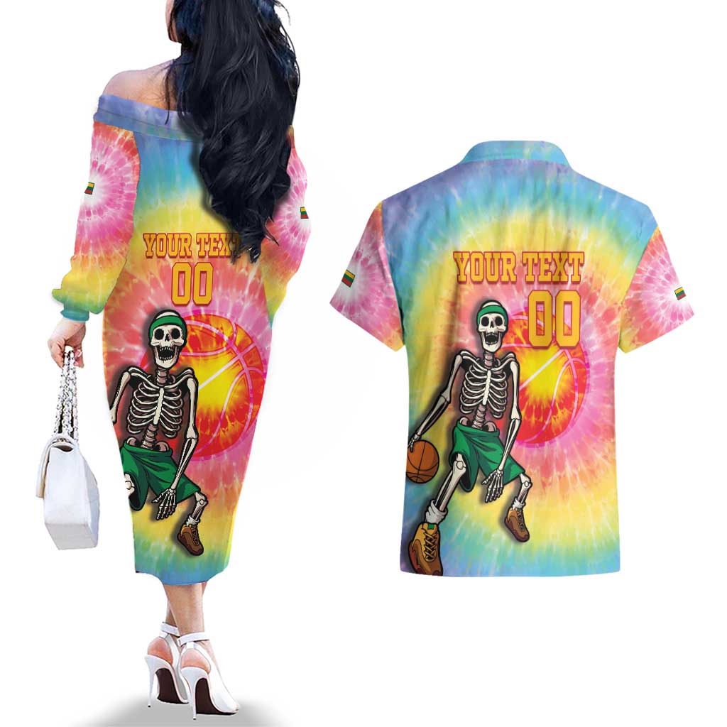Lithuania Basketball Custom Couples Matching Off The Shoulder Long Sleeve Dress and Hawaiian Shirt 100th Anniversary Skeleton Colorful Tie Dye - Wonder Print Shop