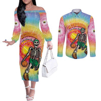 Lithuania Basketball Custom Couples Matching Off The Shoulder Long Sleeve Dress and Long Sleeve Button Shirt 100th Anniversary Skeleton Colorful Tie Dye - Wonder Print Shop