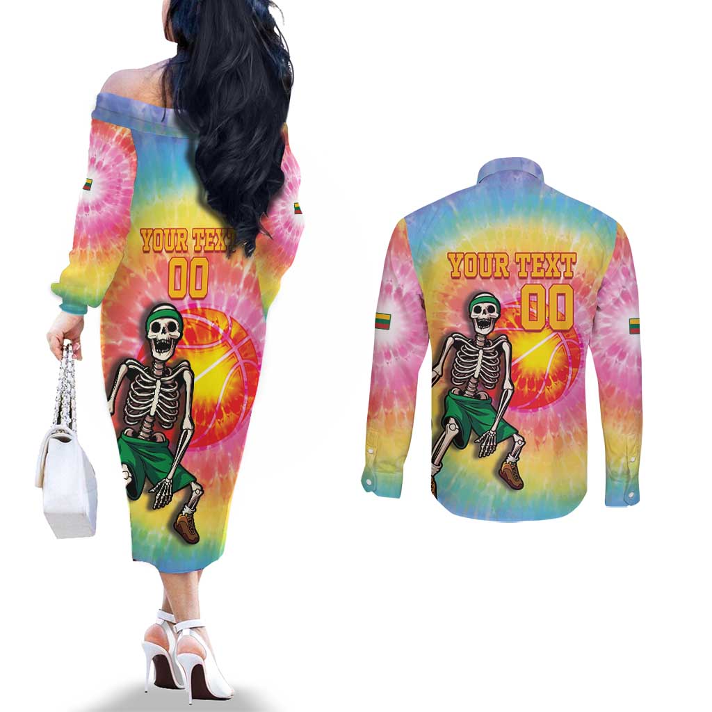 Lithuania Basketball Custom Couples Matching Off The Shoulder Long Sleeve Dress and Long Sleeve Button Shirt 100th Anniversary Skeleton Colorful Tie Dye - Wonder Print Shop