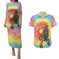 Lithuania Basketball Custom Couples Matching Puletasi and Hawaiian Shirt 100th Anniversary Skeleton Colorful Tie Dye - Wonder Print Shop