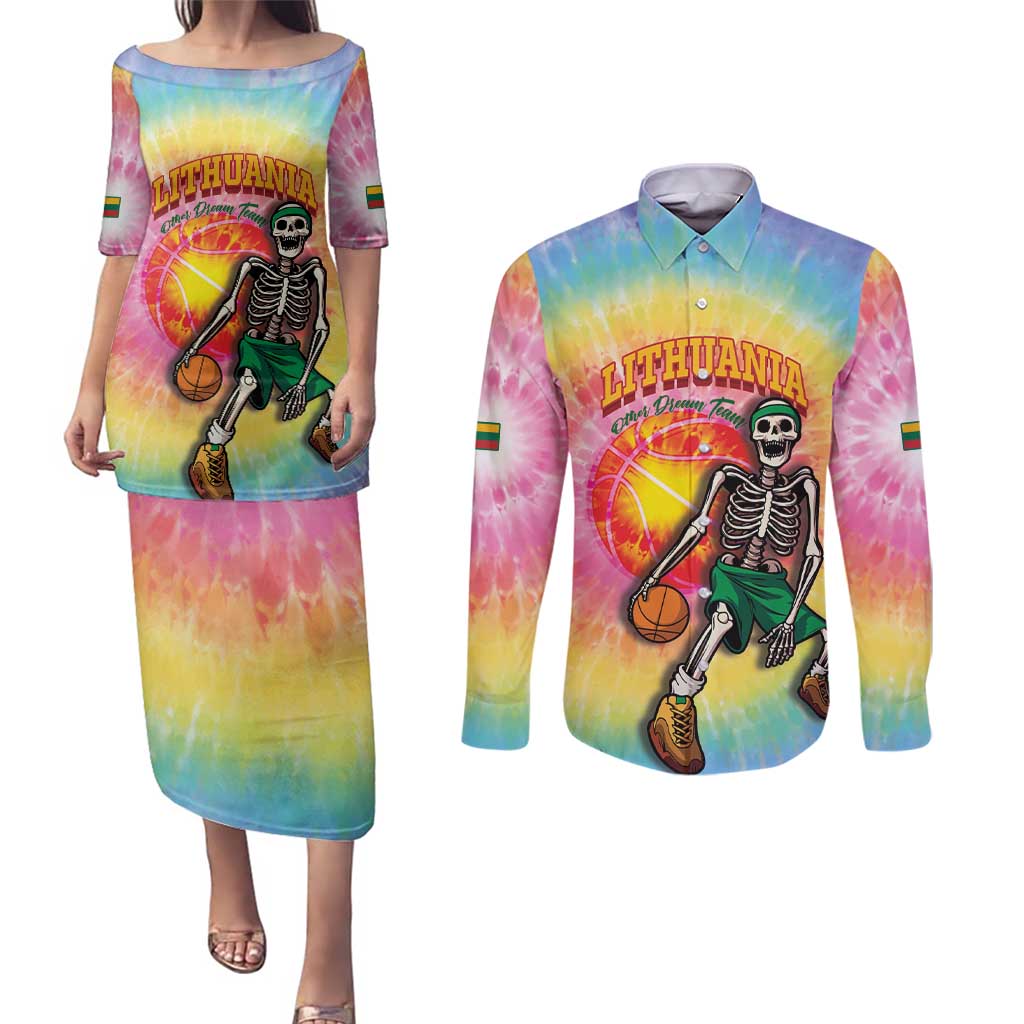 Lithuania Basketball Custom Couples Matching Puletasi and Long Sleeve Button Shirt 100th Anniversary Skeleton Colorful Tie Dye - Wonder Print Shop