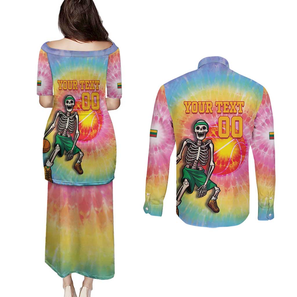 Lithuania Basketball Custom Couples Matching Puletasi and Long Sleeve Button Shirt 100th Anniversary Skeleton Colorful Tie Dye - Wonder Print Shop