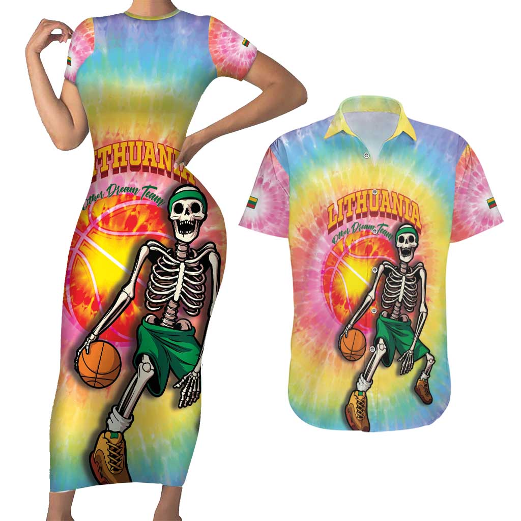 Lithuania Basketball Custom Couples Matching Short Sleeve Bodycon Dress and Hawaiian Shirt 100th Anniversary Skeleton Colorful Tie Dye - Wonder Print Shop