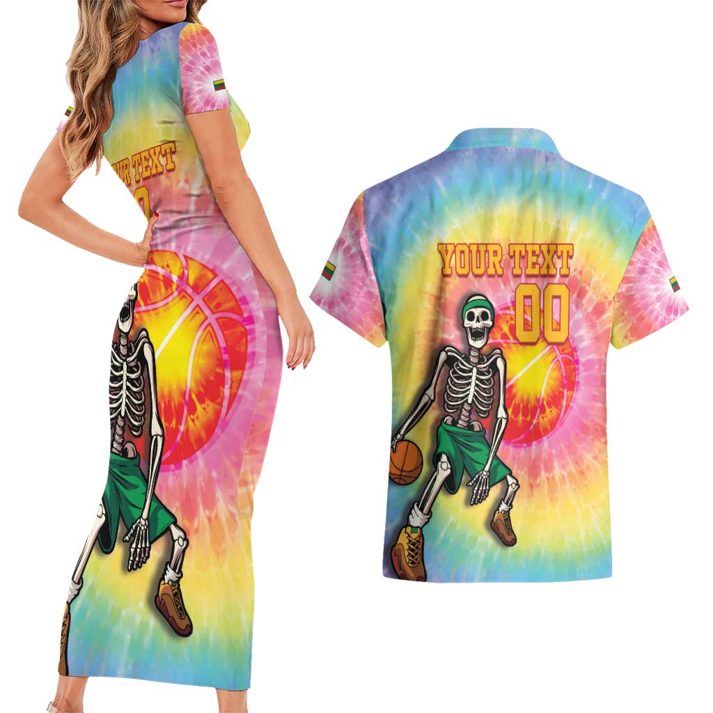 Lithuania Basketball Custom Couples Matching Short Sleeve Bodycon Dress and Hawaiian Shirt 100th Anniversary Skeleton Colorful Tie Dye - Wonder Print Shop